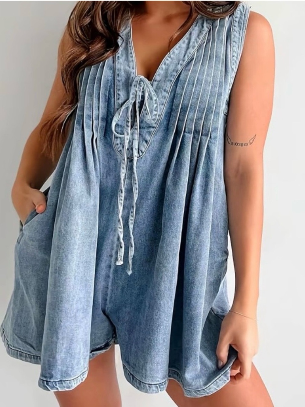 Washed Light Blue Denim Sleeveless Romper